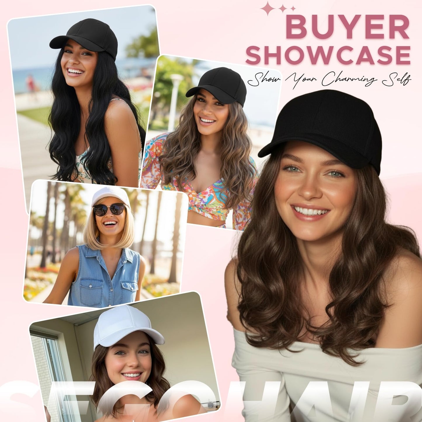 SEGOHAIR Hat Wig for Women Baseball Cap with Hair Extensions 6 Inch Synthetic Straight Hair Adjustable Wig Hat with Attached Hair for Daily Wear,(10, Light Brown)