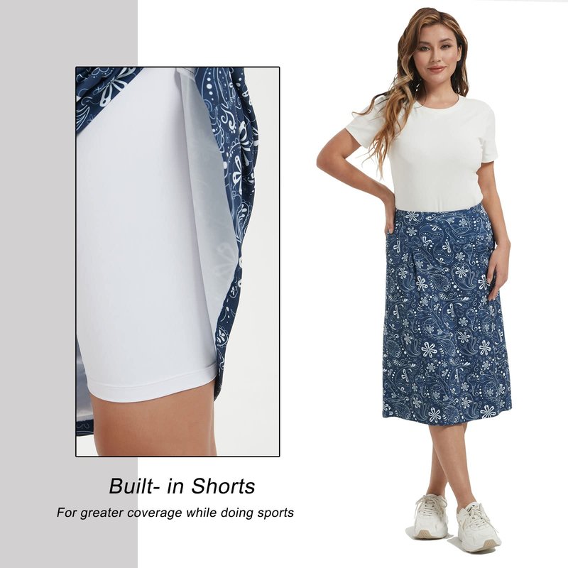 NOOYME 28" Skorts for Women with 3 Pockets Modest Knee Length Athletic Midi Skirts (Medium,Navy)