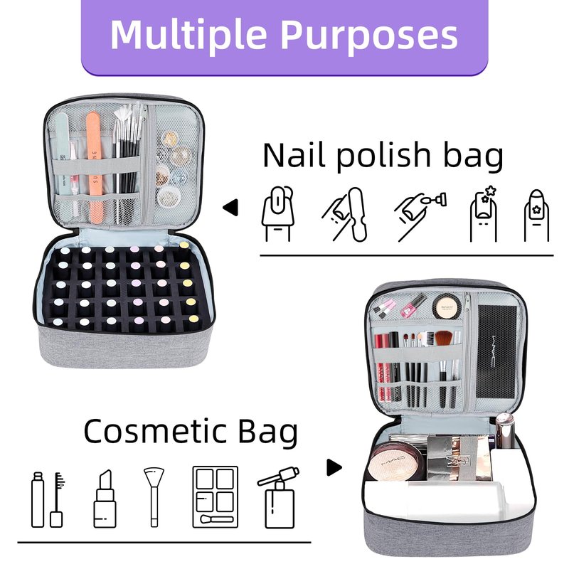 ALSLEA Nail Polish Organizer Holds 30 Bottles (15ml - 0.5 fl.oz) Double-layer Gel Nail Polish Kit Carrying Case, Nail Holder for Nail Lamp, Portable Nail Organizer and Storage for Nail Supplies (Gray)