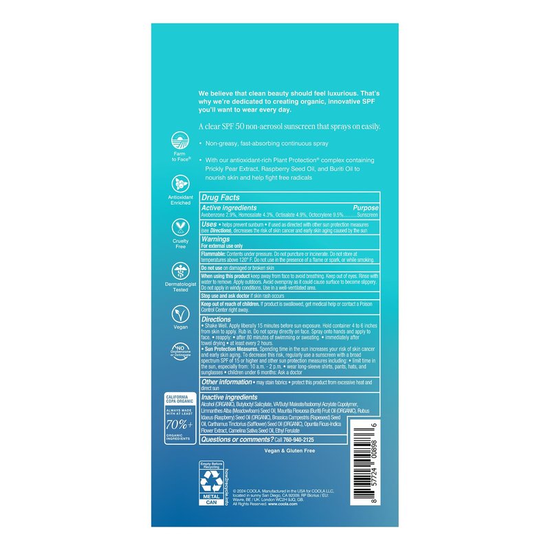 COOLA Organic Sunscreen SPF 50 & 30 - Vegan, Gluten-Free Sunblock Spray Kit | Travel Size, 2 Fl Oz, 3 Pack