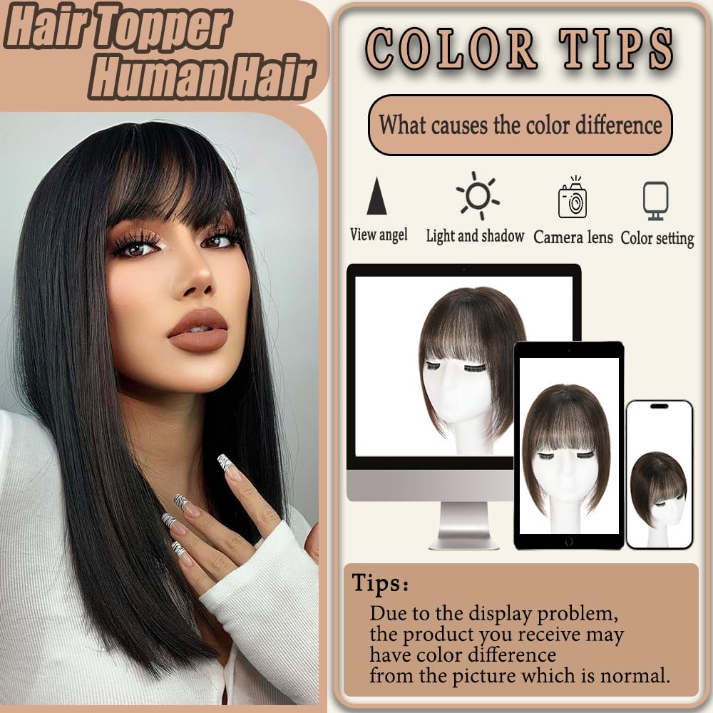 HVVZOY Hair Toppers for Women Real Human Hair, 360° 3D Real Human Hair Toppers for Women with Thinning Hair Clip in Bangs Big Coverage 12 Inch Hairpieces (Gray02, 3D Wispy Bangs 10x11)