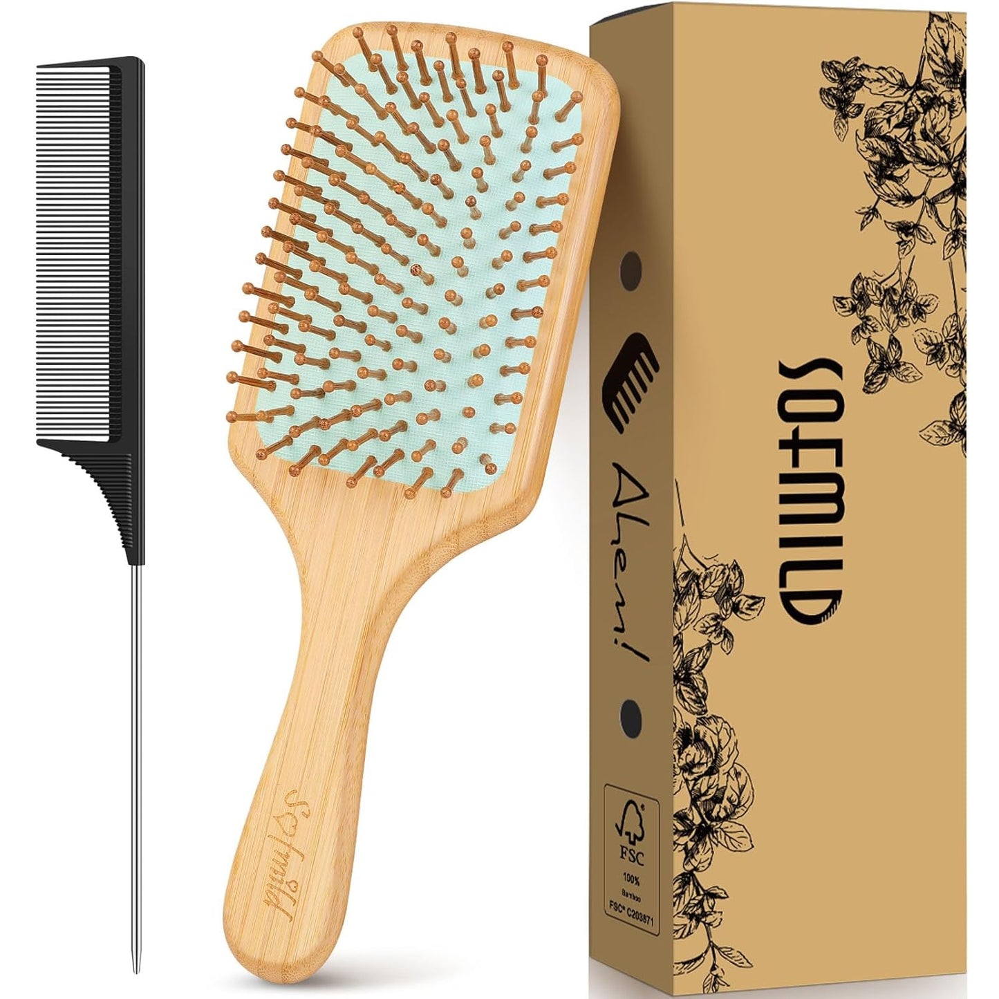 Hair Brush-Natural Wooden Bamboo Brush and Detangle Tail Comb, Paddle Hairbrush for Women Men and Kids Make Thin Long Curly Hair Health and Massage Scalp