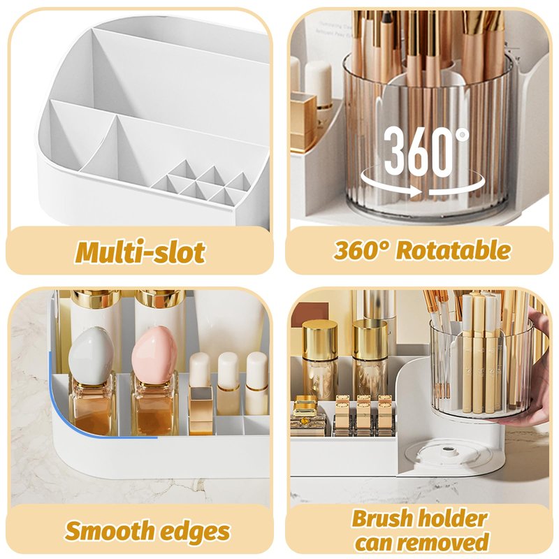 DASITON Large Capacity Makeup Organizer with 360° Rotating Makeup Brush Holder, Perfume and Skincare Storage Organizers for Vanity Bathroom Countertop, Cosmetic Display Case (White, 2 Tier)