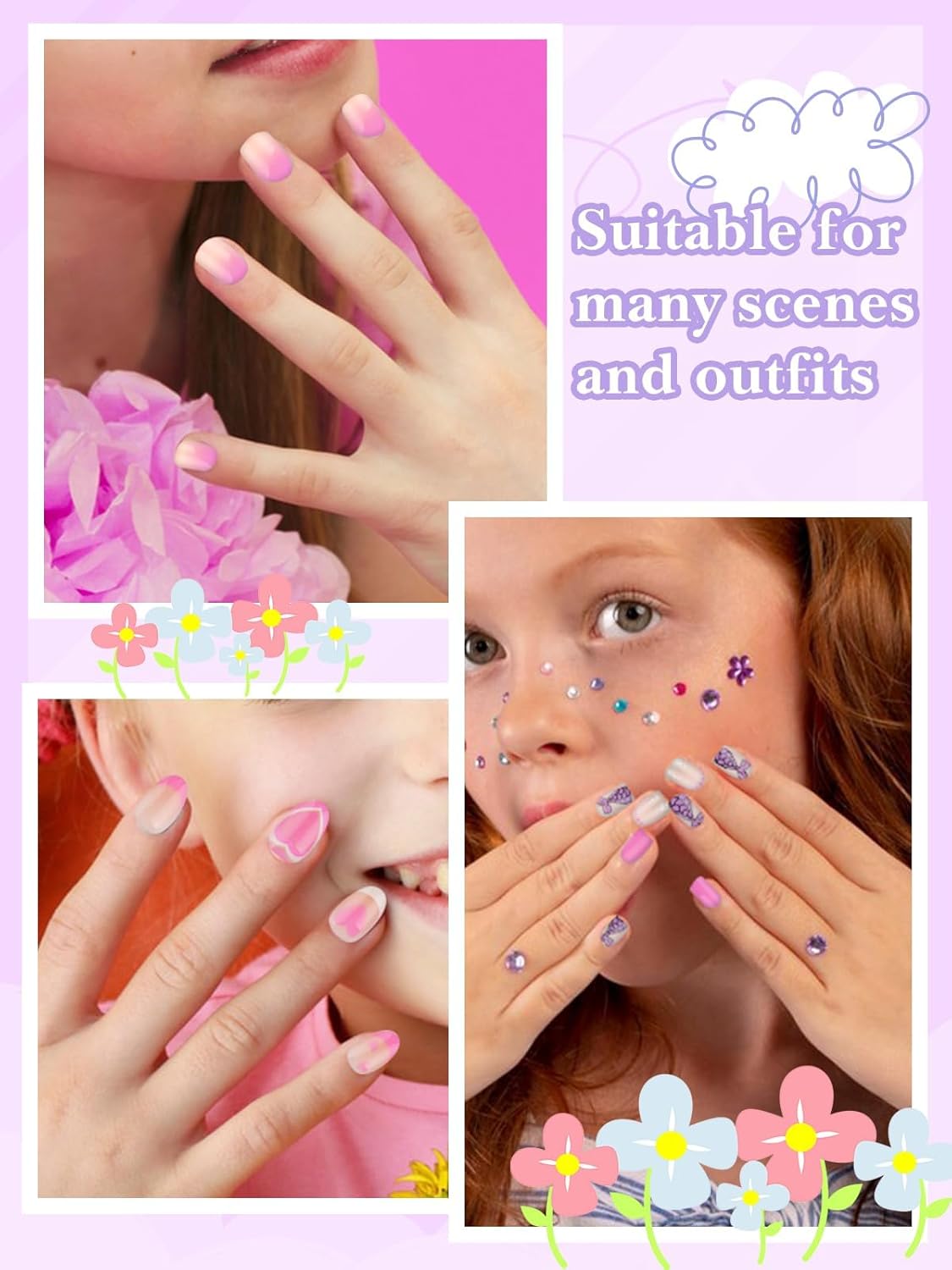 Press On Nails for Kids - Cute Heart & Mermaid Designs | Short Almond Style, 130PCS Set for Ages 8-12 with Adhesive Tabs & Quick-Dry Glue