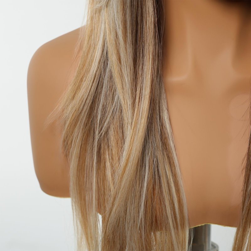 testar Long Straight Ombre Blonde Wigs for White Women Dark Brown to Blonde Highlights Silky Hair Synthetic Middle Part Wigs for Daily Use Lace Closure Natural Hairline 26 IN