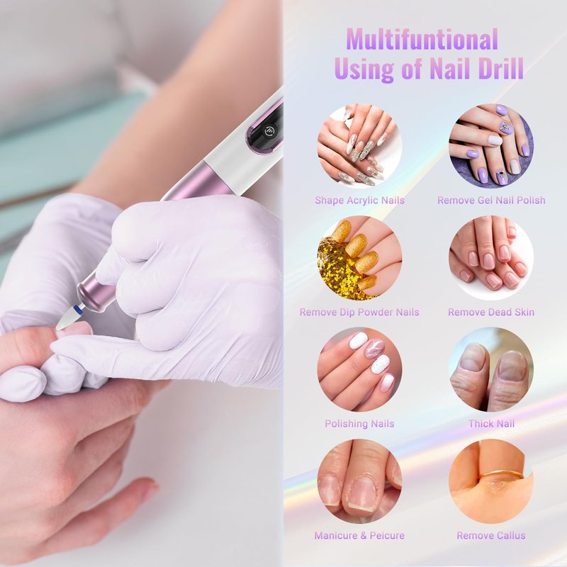 Denabuty Nail Drill Cordless, Electric Nail File 12 in 1 with LED Display, Nail Drill Machine Professional Portable Rechargeable E File for Gel Acrylic Manicure Pedicure Set with 5 Speeds Golden