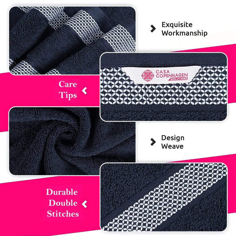CASA COPENHAGEN Solitaire 6 Pieces Towel Set- Navy, 600 GSM 2 Bath Towel 2 Hand Towel 2 Washcloth, Designed in Denmark Made of Soft Egyptian Cotton for Bathroom, Kitchen & Shower