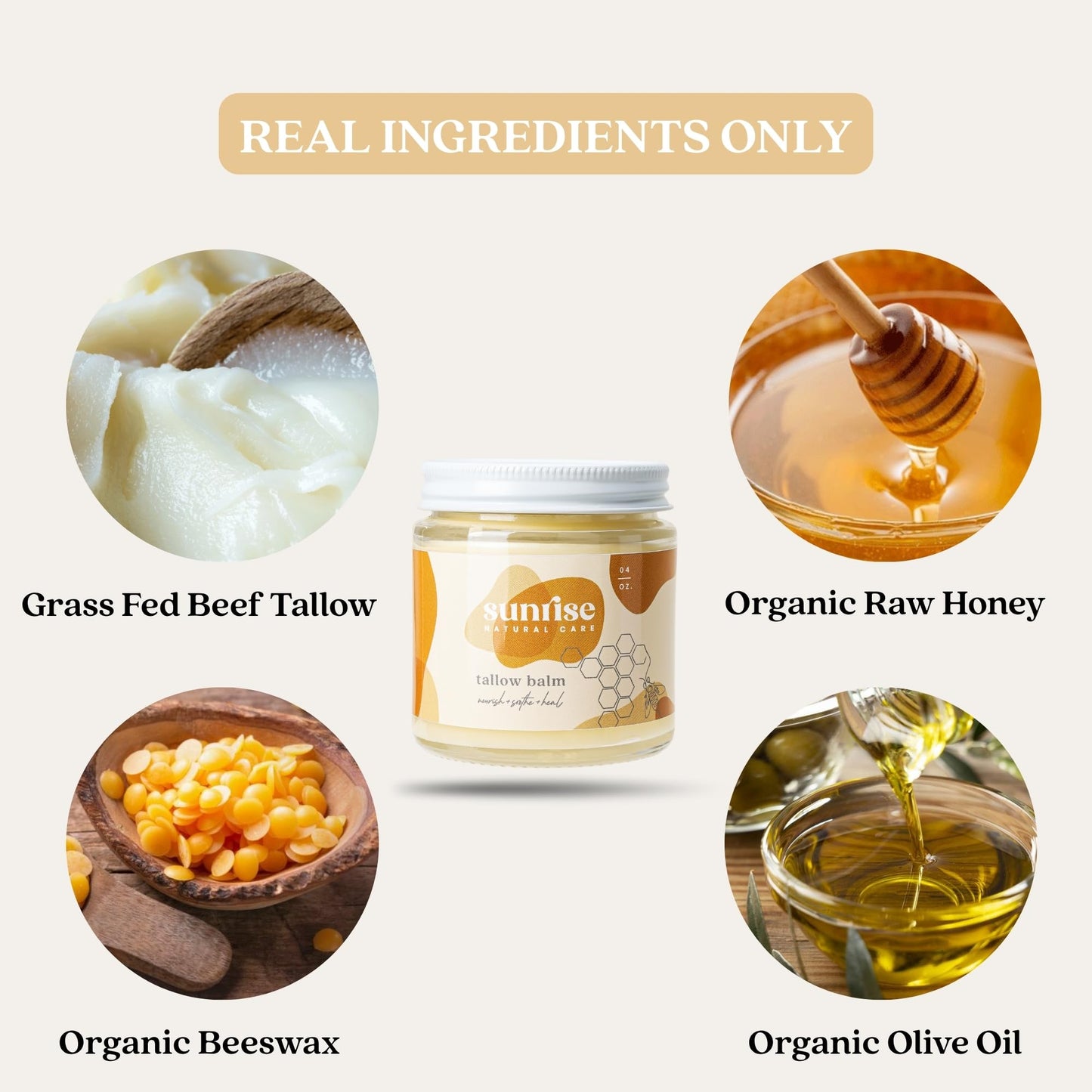 Sunrise Natural Care Unwhipped Honey and Tallow Balm - Body and Face Moisturizer - 100% Grass Fed Beef Tallow - 4 Ounces - Unscented (no essential oils)