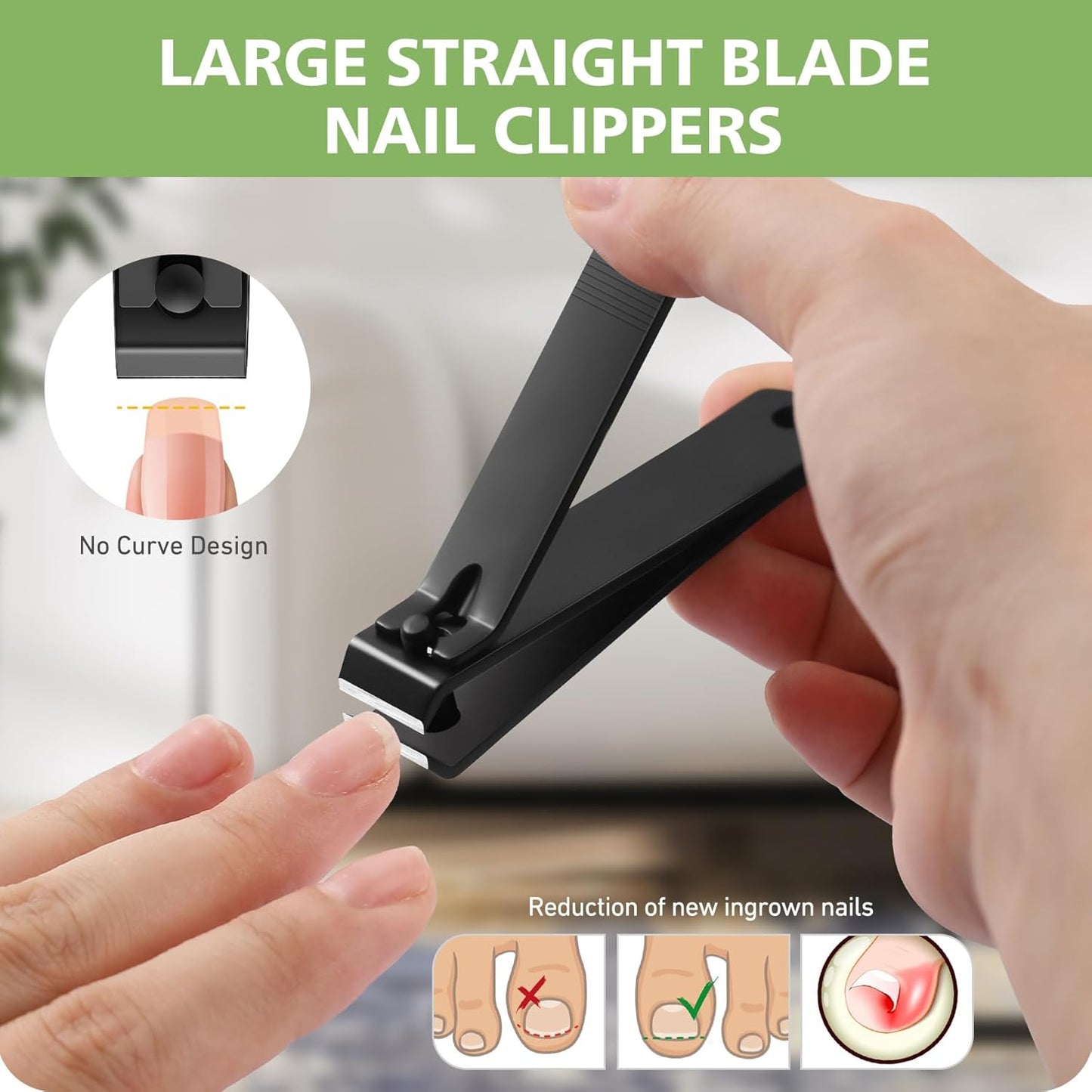 Heavy Duty Straight Blade Nail Clippers for Thick Toenails, Professional Stainless Steel Fingernail Toenail Clippers Trimmers - Thick Wide Jaw Toe Nail Clippings for Seniors, Men & Women (Black)