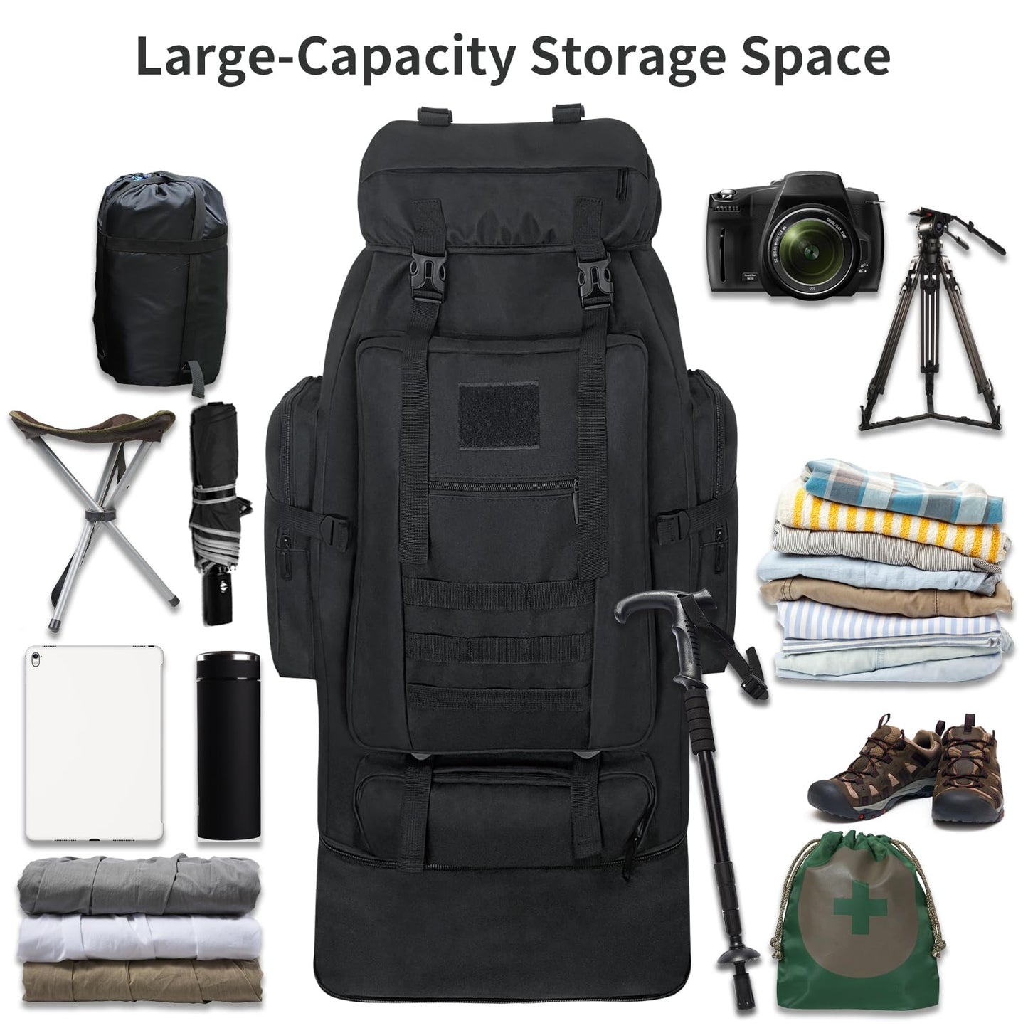 Ogetok 100L Camping Hiking Military Tactical Backpack, Adjustable Water Resistant Large Travel Daypacks Outdoor MOLLE Rucksack, Black