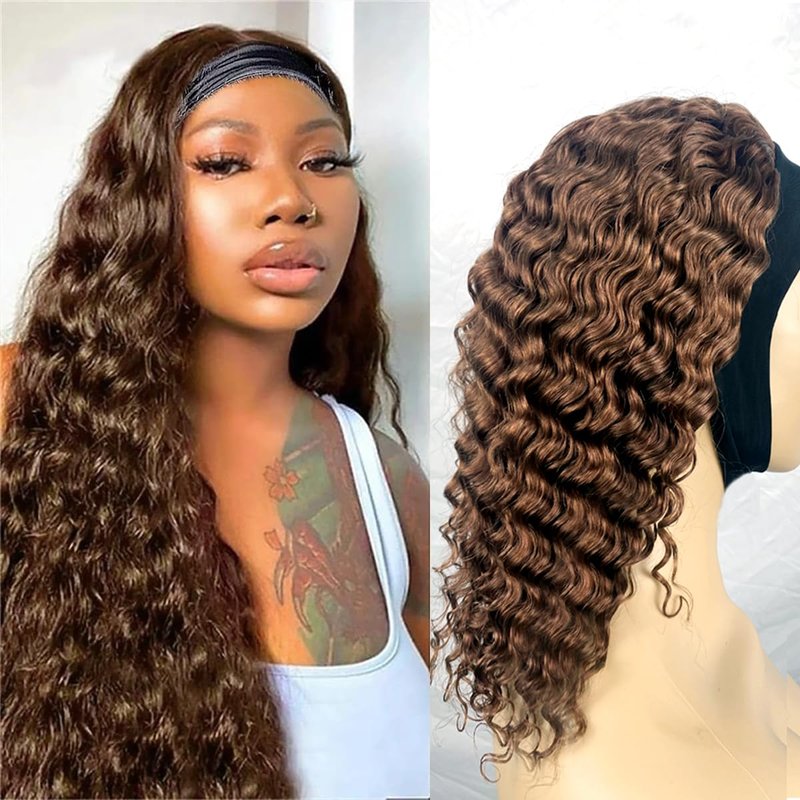 XSY Deep Wave Headband Wig Human Hair Chocolate Brown #4 Colored Curly Headband Wigs for Black Women Glueless No Lace Front Wigs Brazilian Virgin Hair 150% Density 12 Inch