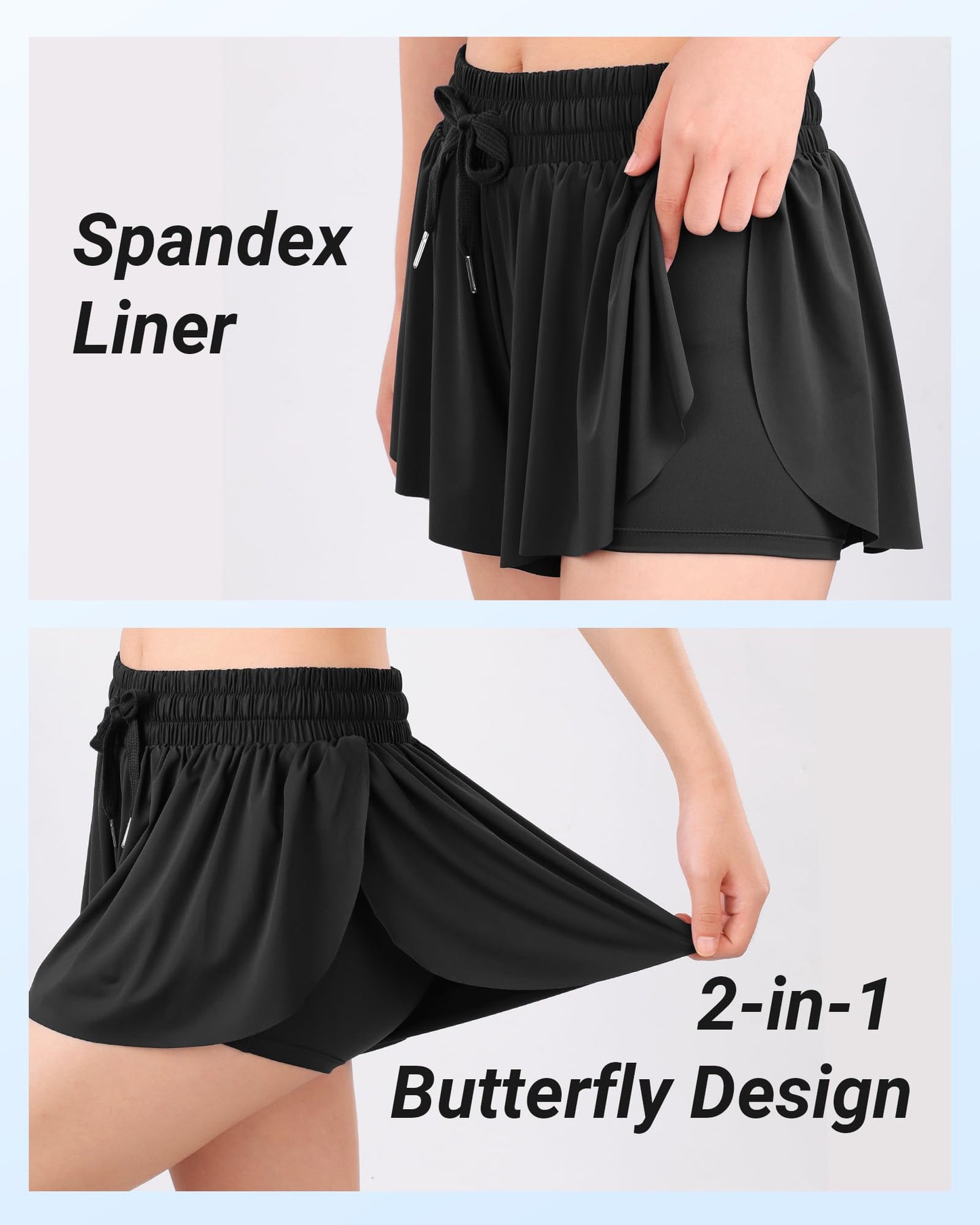 ZUEMET Girls Butterfly Shorts Flowy Shorts with Pocket 2-in-1 Dance Athletic Shorts for Girl Black+Green+Beige 11-12 Years