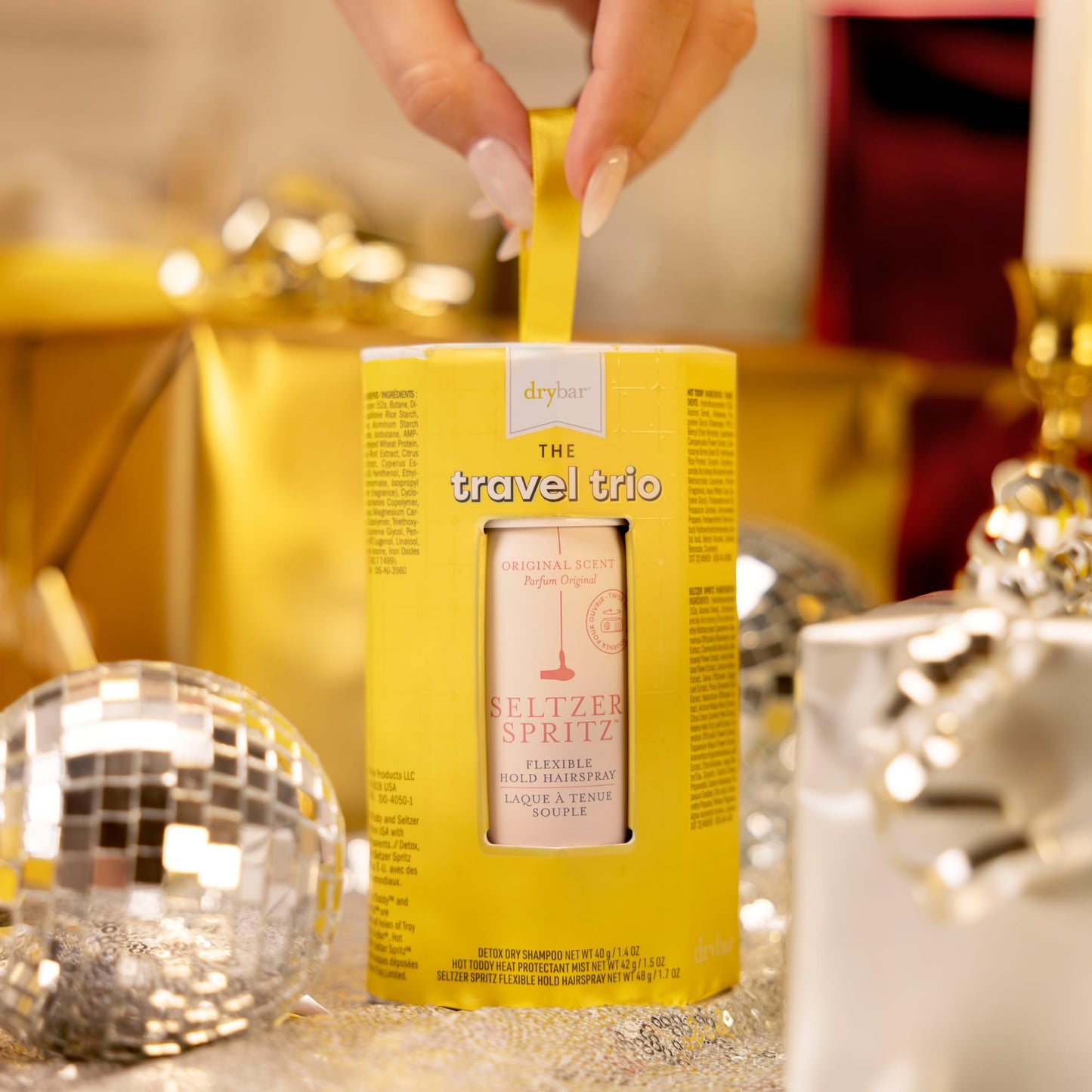 Drybar Travel Trio Kit | Protect, Refresh, and Hold | Hot Toddy Heat Protectant, Detox Dry Shampoo, and Seltzer Spritz Hairspray | Travel Size