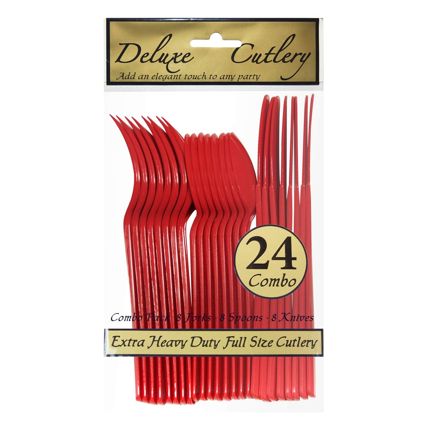 Party Essentials Extra Heavy Duty Hard Plastic Cutlery Combo Pack and Full Size Knives/Forks/Spoons, Red, 8 Place Setting-Count