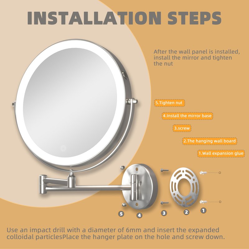 BATUSO 8.5 Inch Wall Mounted Lighted Makeup Mirror, 1X/10X Magnifying Mirror with 19.7 Inch Extended Arm, 3 Color Lights Touch Dimmable, 360 Rotation, 2000mAh Rechargeable Bathroom Vanity Mirror Round
