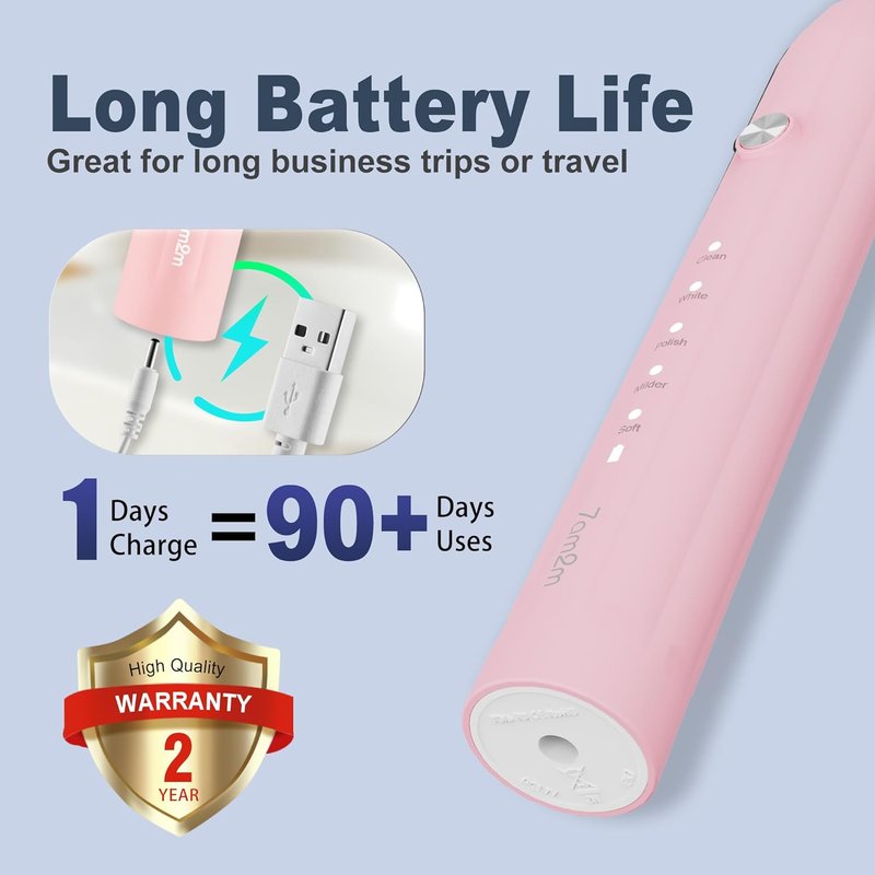 Sonic Electric Toothbrush for Adults & Kids - 8 Brush Heads, 5 Modes, 90-Day Battery Life | Pink