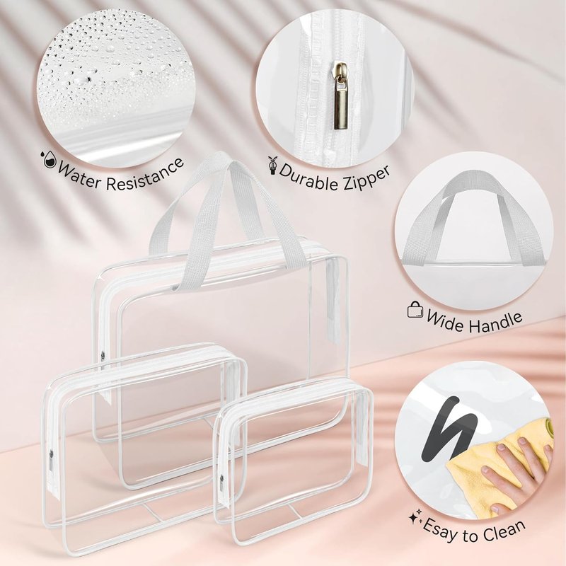 Clear Travel Makeup Toiletry Bag - 10 PCS TSA Approved PVC Organizer Kit | White Zipper Handbag