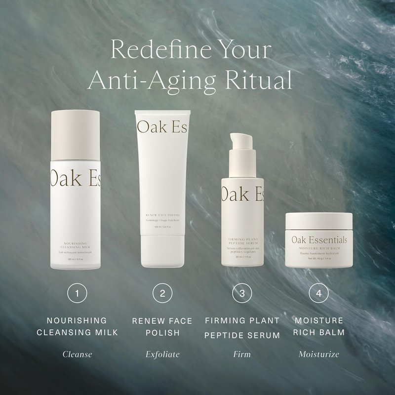 Oak Essentials Youthful Skin Routine Set | 4-Step Skin Renewal Kit with Peptide Serum, Face Polish, Cleansing Milk & Moisture Balm