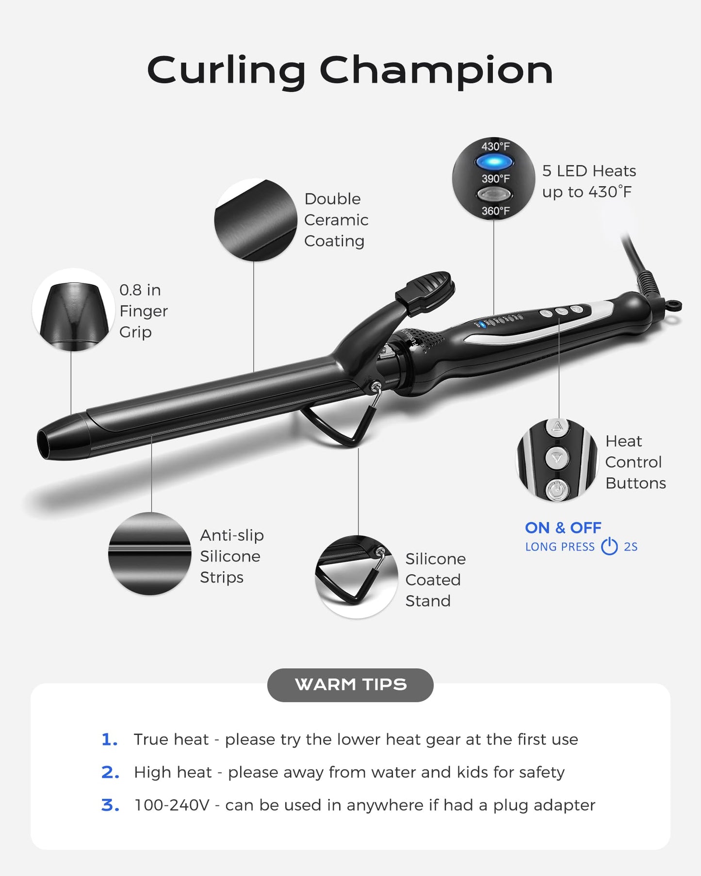 FUNBUGS 1.25'' Double Ceramic Long Barrel Curling Iron - 8'' Extended Wand | 5 Heat Settings | Dual Voltage | Auto Shut-Off | Anti-Slip Styling for Long Hair (Bag, Mat, Glove)