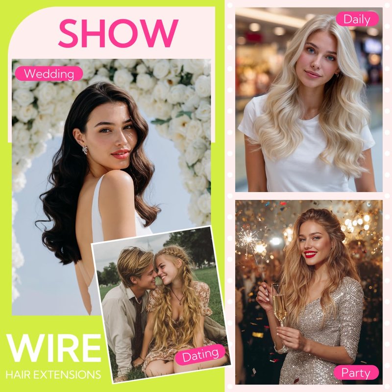 HOTBANANA Wire Hair Extensions, 12 inch 70g Walnut Brown to Ash Brown and Bleach Blonde Fish Line Extensions Remy Real Human Hair Straight Invisible Soft Skin Wire Weft Silky for Women