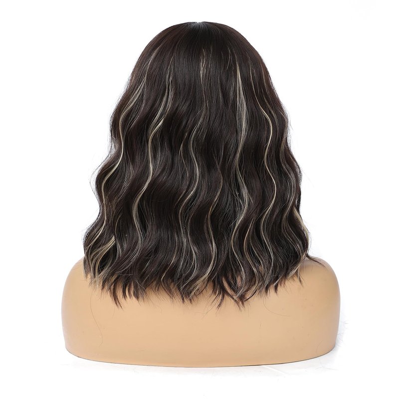 Veally Blonde Highlight Bob Wig with Bangs Short Brown with Blonde Wigs for Women Natural Looking Synthetic Heat Resistant Fiber Highlight Wig for Daily Party Use
