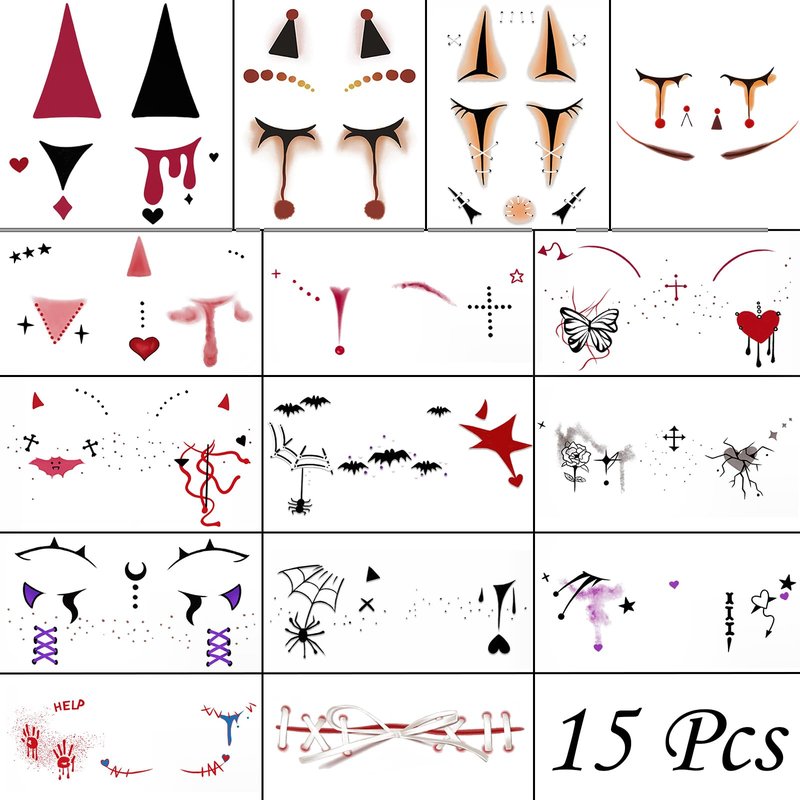 15 Pcs Horror Halloween Face Makeup Tattoos Stickers Clown Demon Spider Web Ghost Vampire Eyeshadow Temporary Stickers Scary Fake Blush Freckles Face Tattoos for Day of Dead Carnival Party Decoration