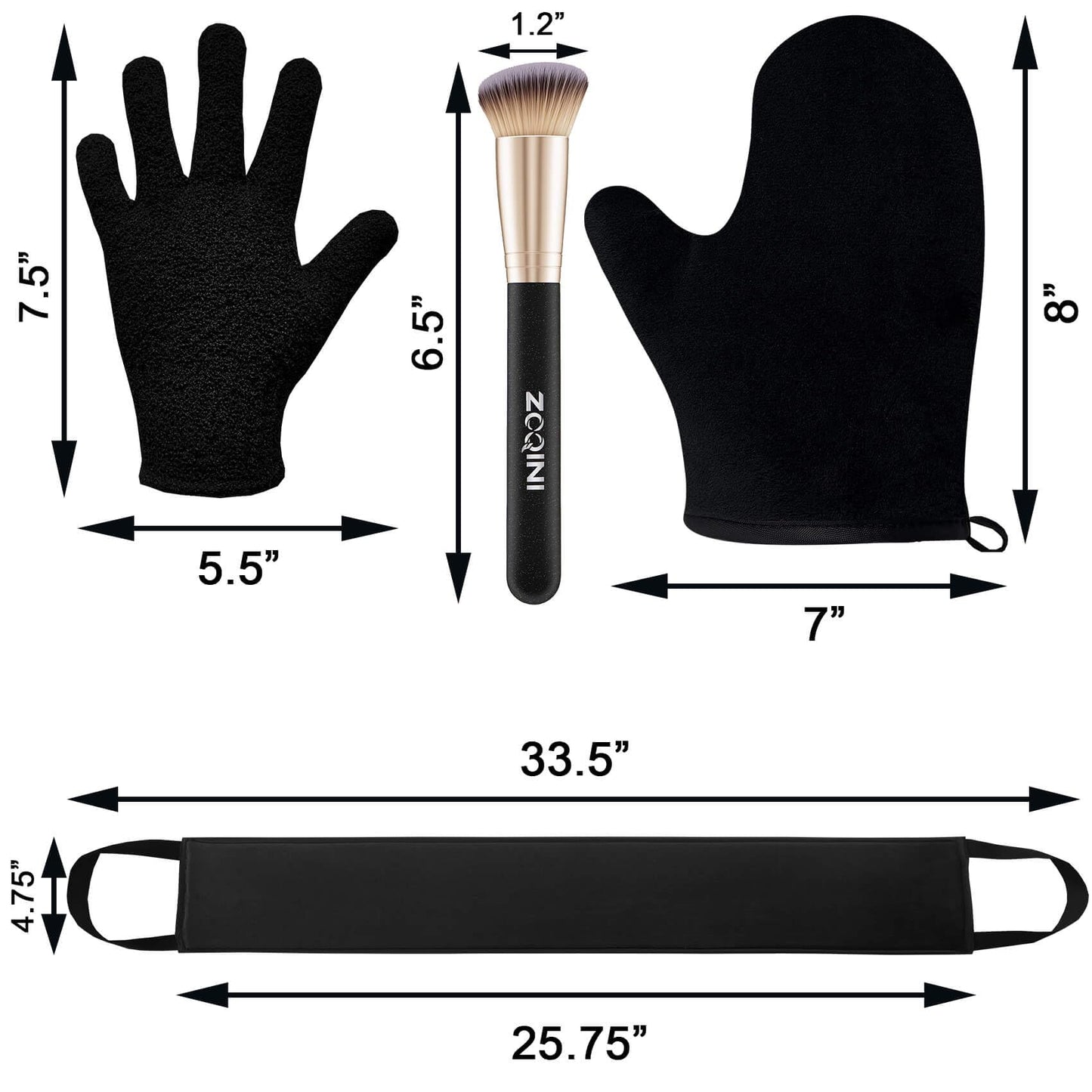 ZOQINI Self Tanning Mitt Kit, Velvety Soft Tanner Mitt, Back Tanning Applicator, Exfoliating Glove, Angled Face Tanner Brush for Sunless Tanning Oil Lotion Mousse Gel (Black 4 Pack, Boxed)