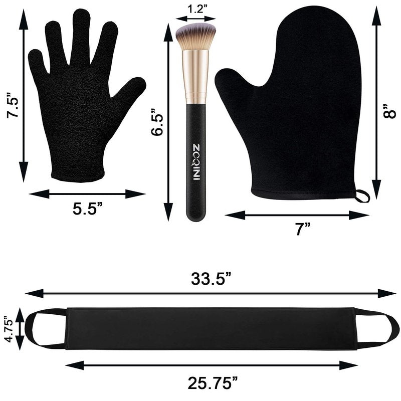 ZOQINI Self Tanning Mitt Kit, Velvety Soft Tanner Mitt, Back Tanning Applicator, Exfoliating Glove, Angled Face Tanner Brush for Sunless Tanning Oil Lotion Mousse Gel (Black 4 Pack, Boxed)