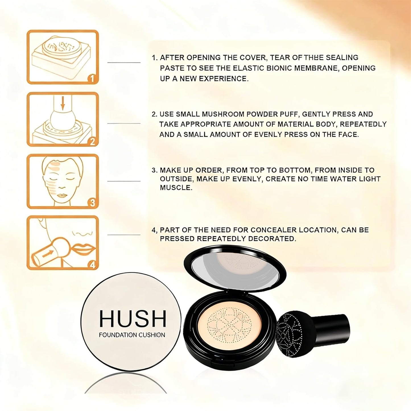 Hush Mekeup Foundation for Older Women, Warm Tone Mushroom Head Air Cushion CC Cream BB Foundation Makeup Moisturizing & Long-Lasting Full Coverage Makeup Concealer for Light to Medium Complexions