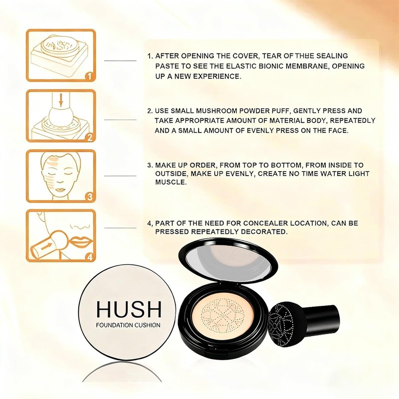 Hush Mekeup Foundation for Older Women, Warm Tone Mushroom Head Air Cushion CC Cream BB Foundation Makeup Moisturizing & Long-Lasting Full Coverage Makeup Concealer for Light to Medium Complexions