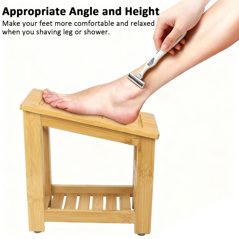 Forest Manor Bamboo Shower Foot Rest Stool for Shaving Legs & Pedicure, Non-Slip Bathroom Foot Step with Storage Pocket, Solid & Water-Resistant,Natural