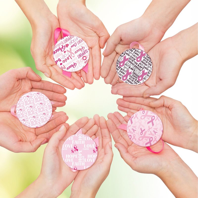 Pinkunn 100 Pcs International Women's Day Gifts Bulk for Woman Pink Inspirational Faith Compact Mirrors for Nurse Coworkers Motivational Cancer Awareness Small Pocket Travel Makeup Mirrors (Ribbon)