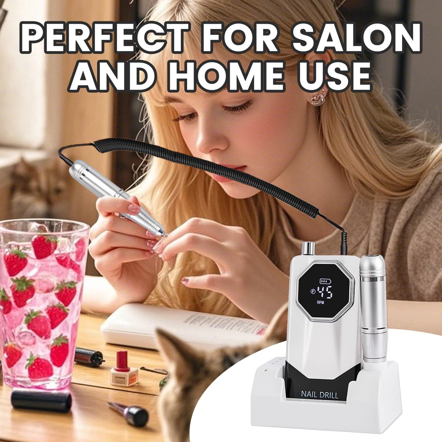 ESUOHYM 45000RPM Professional Cordless Portable Nail Drill Cordless Low Noise Nail Filer Electric Machine with Efile Bits & Base for Acrylic Nails, Nail Buffer Machine for Salon Home (Grey)