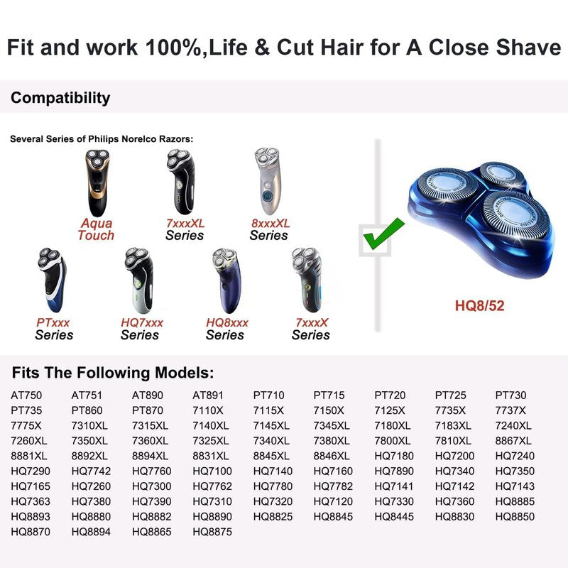 HQ8 Replacement Heads Compatible with Philips Norelco Aquatec Shaving Head Razor, Blades for PT730 AT880 AT811, 6-pc Pack