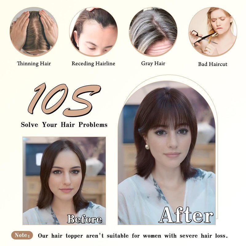 Inifale Hair Toppers for Women Clip in Bangs Real Human Hair,30g Dark Brown Topper for Women 150% Density Silk Base Clip in Pieces Straight Hair
