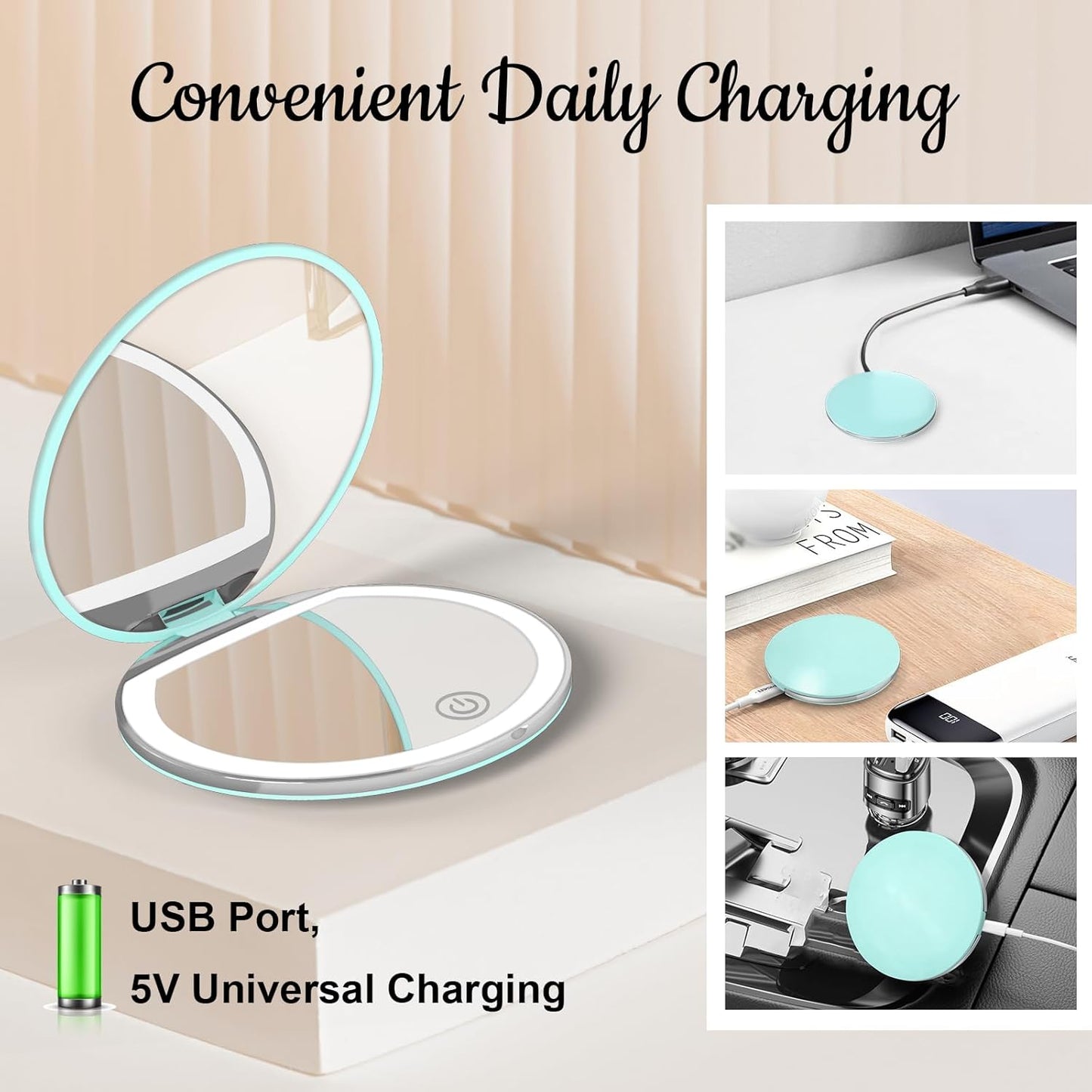 Compact Mirror with Light, 1X/3X Magnification LED Pocket Mirror with USB Data Cable,Mini Mirror for Purse, Pocket,Travel and Present (Pink)