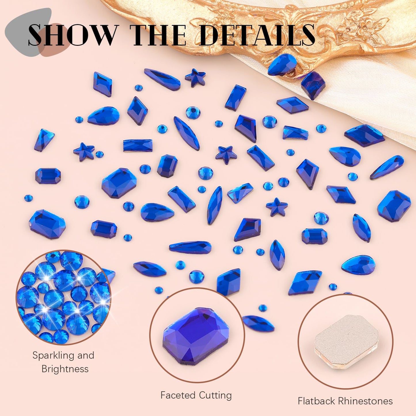 3220Pcs Champagne Gold Nail Rhinestones 120Pcs Multi Shapes Flatback Gems Charms Crystal+3100Pcs 1.5-4mm Round Beads, Glass Diamond Gemstones for Bedazzling Acrylic Nails Decoration