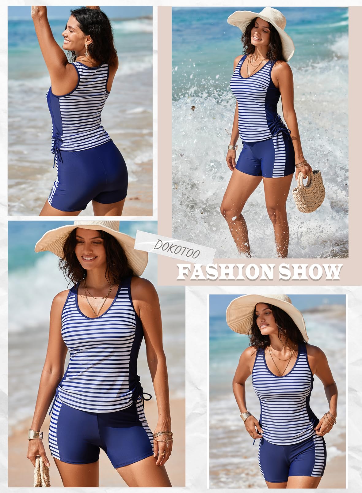 Dokotoo Tankini Bathing Suits for Women Tummy Control Two Piece Swimsuits Swim Tank Top and Boy Shorts Drawstring Modest Tankini Sets Blue Large