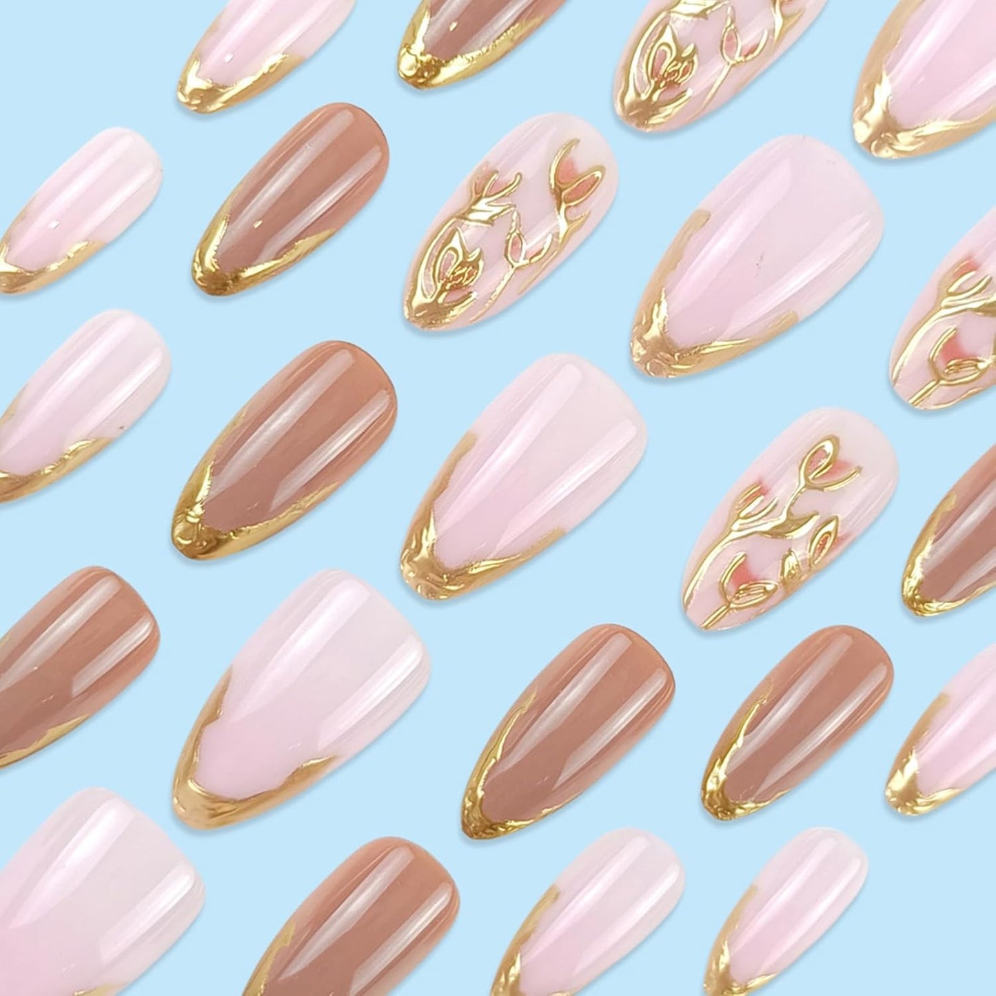 French Tip Almond Press-On Nails with Gold Bow | Reusable Glossy Acrylic False Nails for Women