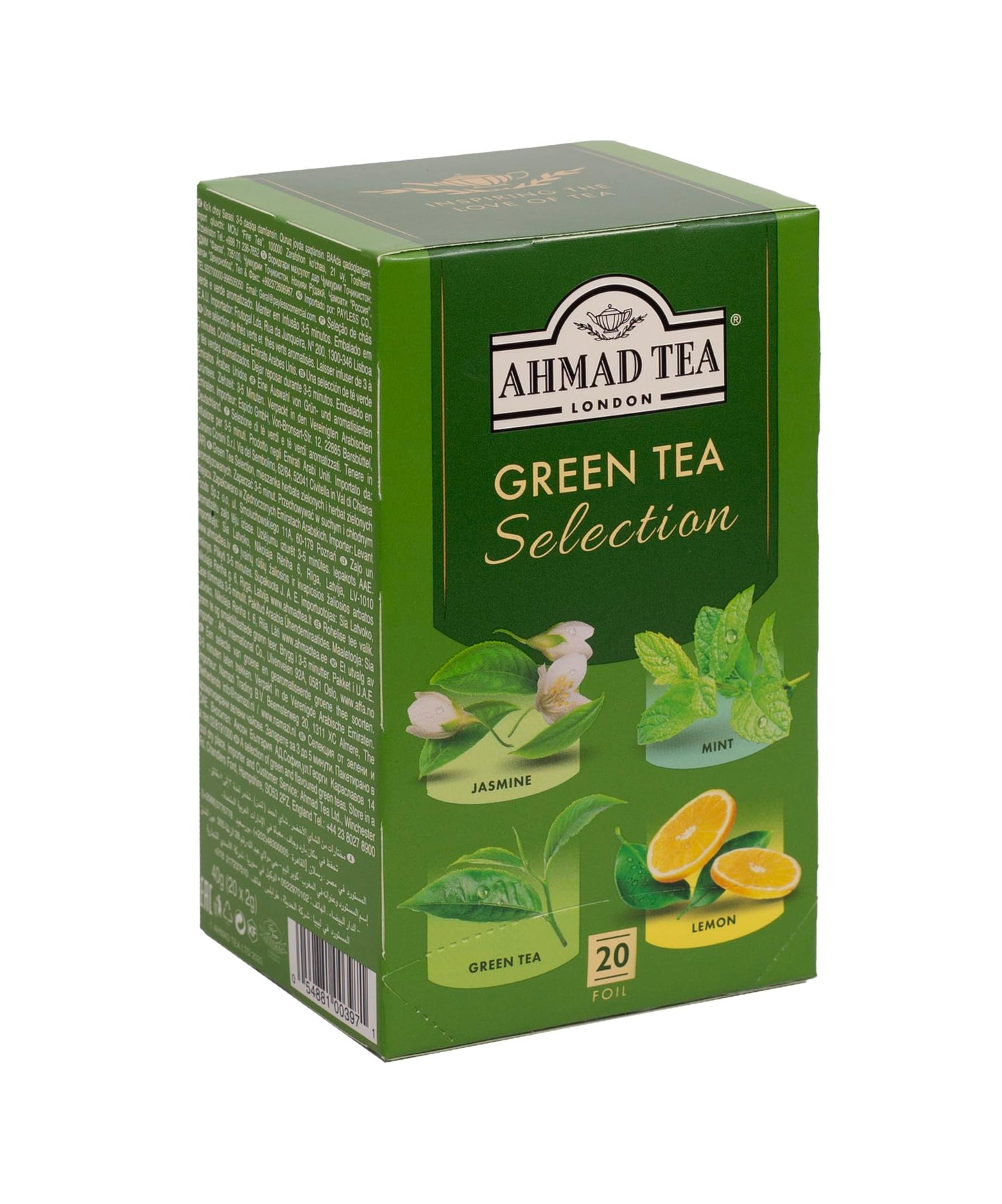 Ahmad Tea Green Tea, Green Tea Selection, Lemon Green Tea, Jasmine Green Tea, Mint Green Tea, & Green Tea Teabags, 20 ct (Pack of 1) - Caffeinated & Sugar-Free