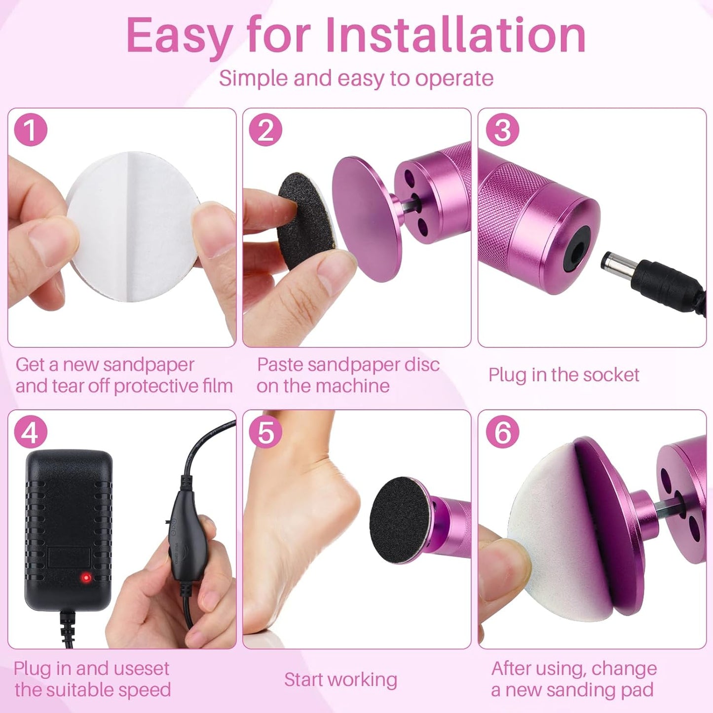 Electric Foot Callus Remover - 2-in-1 Filer with 60 Sandpaper Discs | Pink Foot Care Tool