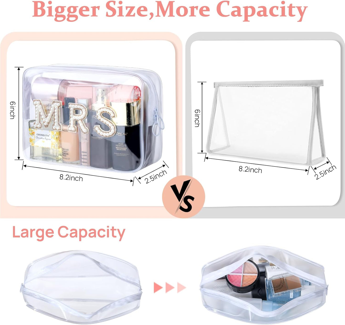 Etercycle Bride Clear Makeup Bag, Bridal Shower Gifts Engagement Cosmetic Bag, Bling Pearl Rhinestone Letter Patches Waterproof PVC Travel Organizer for Women Wedding Bachelorette Party (Gold)