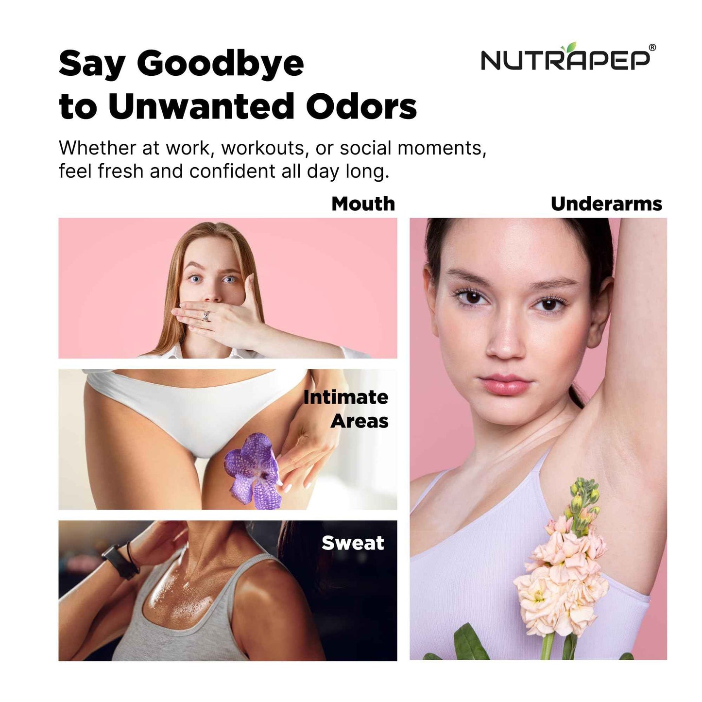 NutraPep Body Deodorizing Supplement - Odor Eliminator & Internal Deodorant Pills for Fresh Breath Skin Health & Detox - Full Body Deodorizer Capsules with Chlorophyll Complex Vitamins for Women Men