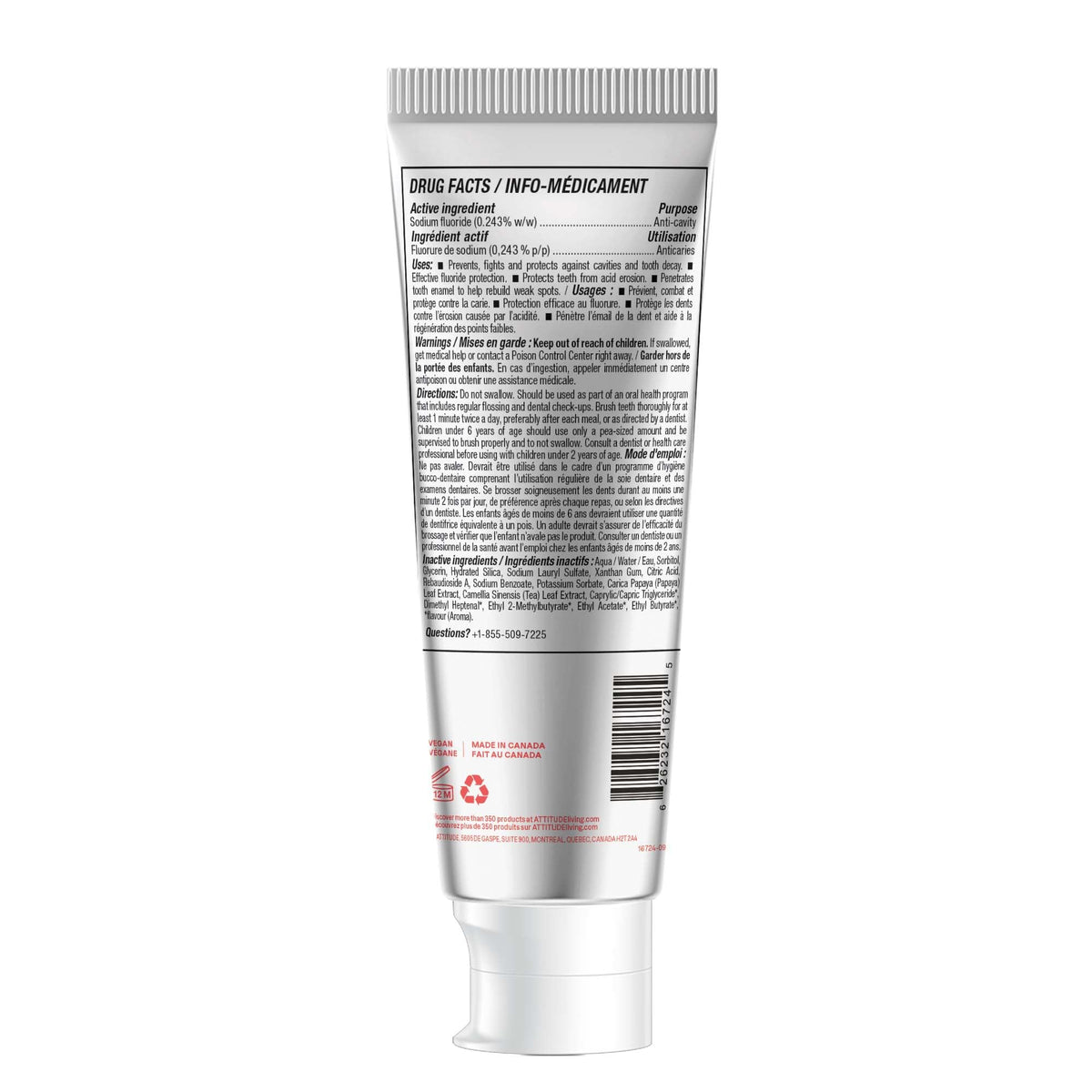 Attitude Toothpaste with Fluoride, Prevents Tooth Decay and Cavities, Vegan, Cruelty-Free and Sugar-Free, Watermelon, 4.2 Oz