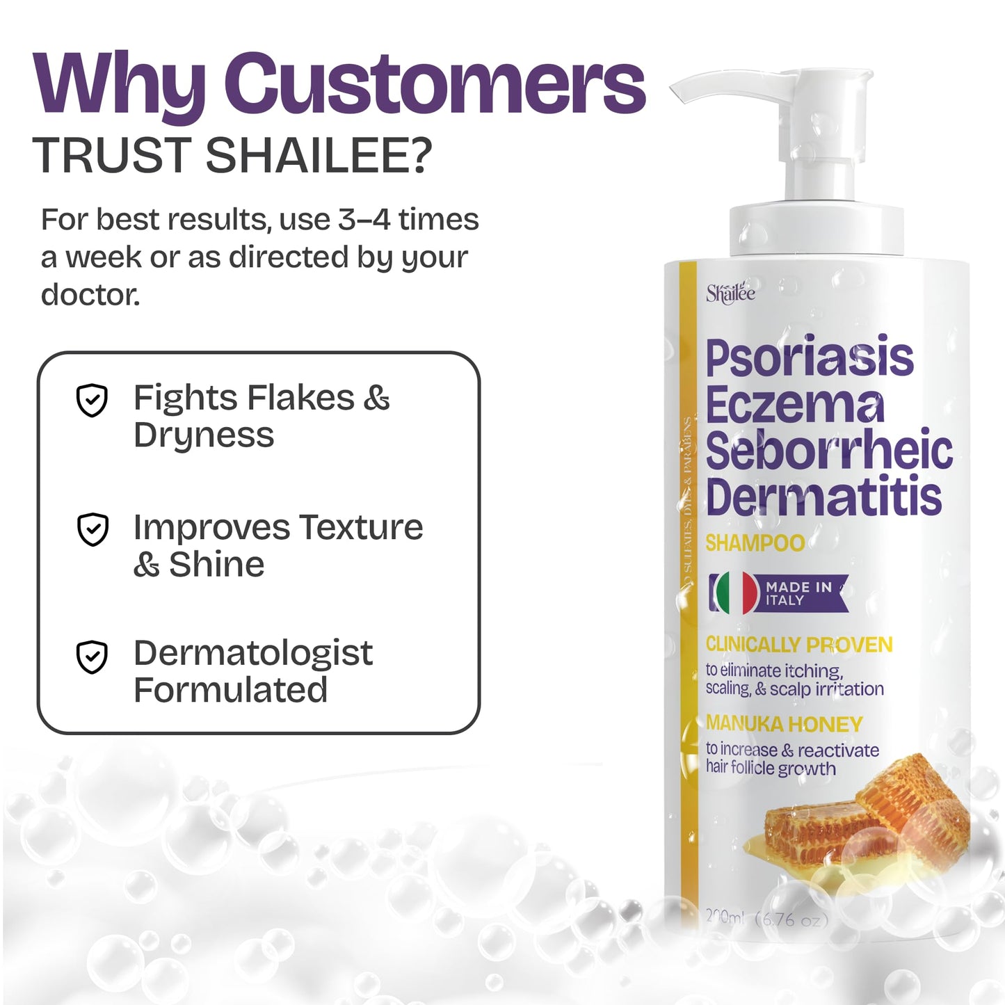 Psoriasis Shampoo with Scalp Scrubber for Eczema & Folliculitis Treatment - Seborrheic Dermatitis Antifungal Shampoo for Ringworm, Acne, Flaking, Dry & Itchy Scalp - Psoriasis Relief with Manuka Honey