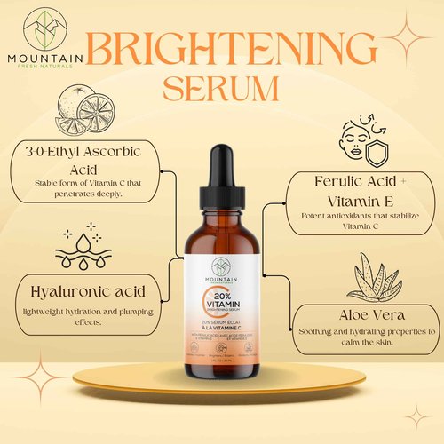 Mountain Fresh Naturals Vitamin C Serum ā 20% 3-0-Ethyl Ascorbic Acid, Ferulic Acid & Vitamin E ā Brightening, Hydrating, Anti-Aging Serum for Dark Spots, Uneven Skin Tone & Wrinkles ā 30mL / 1 fl oz