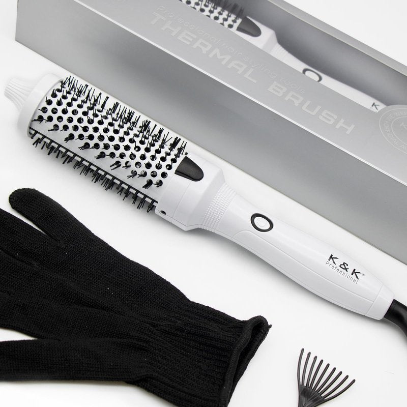 K&K Blowout Boost Thermal Brush, 1.5 inch Heated Round Brush for Blowout Look, Negative Ion Technology, Ceramic Tourmaline, Dual Voltage, White