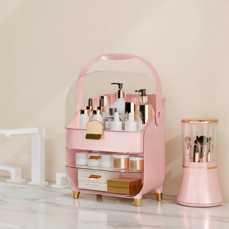 Makeup Organizer Countertop With Lid And Drawers Large Skin Care Cosmetic Display Case Holder for Vanity Desk Bathroom Storage Box,Green