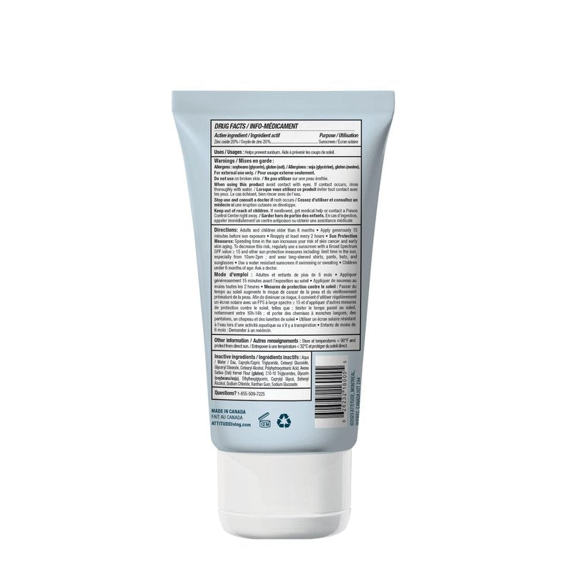 ATTITUDE Mineral Sunscreen for Sensitive Skin, EWG Verified, Broad Spectrum UVA/UVB, Dermatologically Tested, Plant and Mineral-Based Formula, Vegan, SPF 30, Unscented, 5.2 Oz