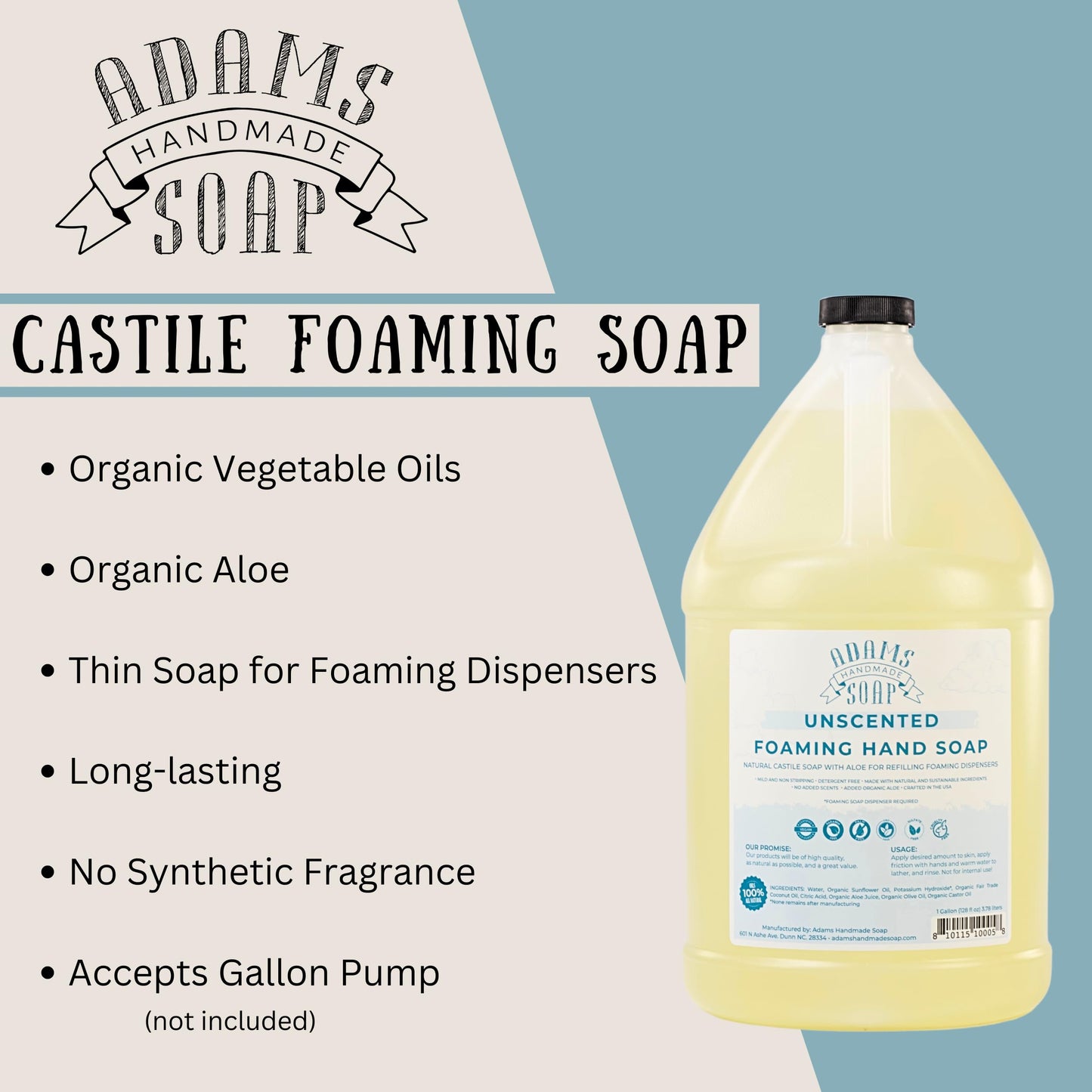 Adams Handmade Soap Thin Castile Foaming Liquid Hand Soap 1 Gallon Refill - Unscented